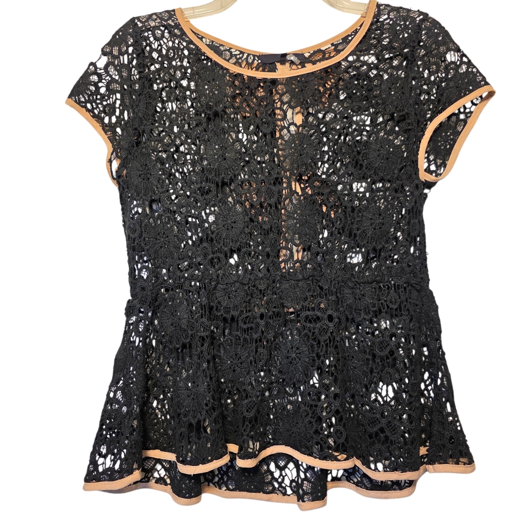 Ryu Peplum Top Black Crochet With Back Pink Bows Short Sleeve Vintage M Euc